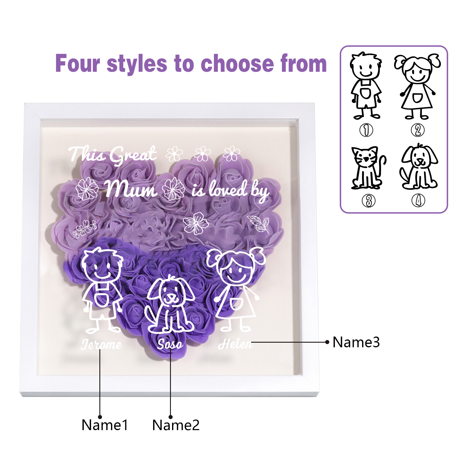 Personalised 3D Floral Shadow Box – Custom 3 Kids&Pets Names –This Great Mum Is Loved By- Gift for Mum, Nan & Loved Ones| Jessemade