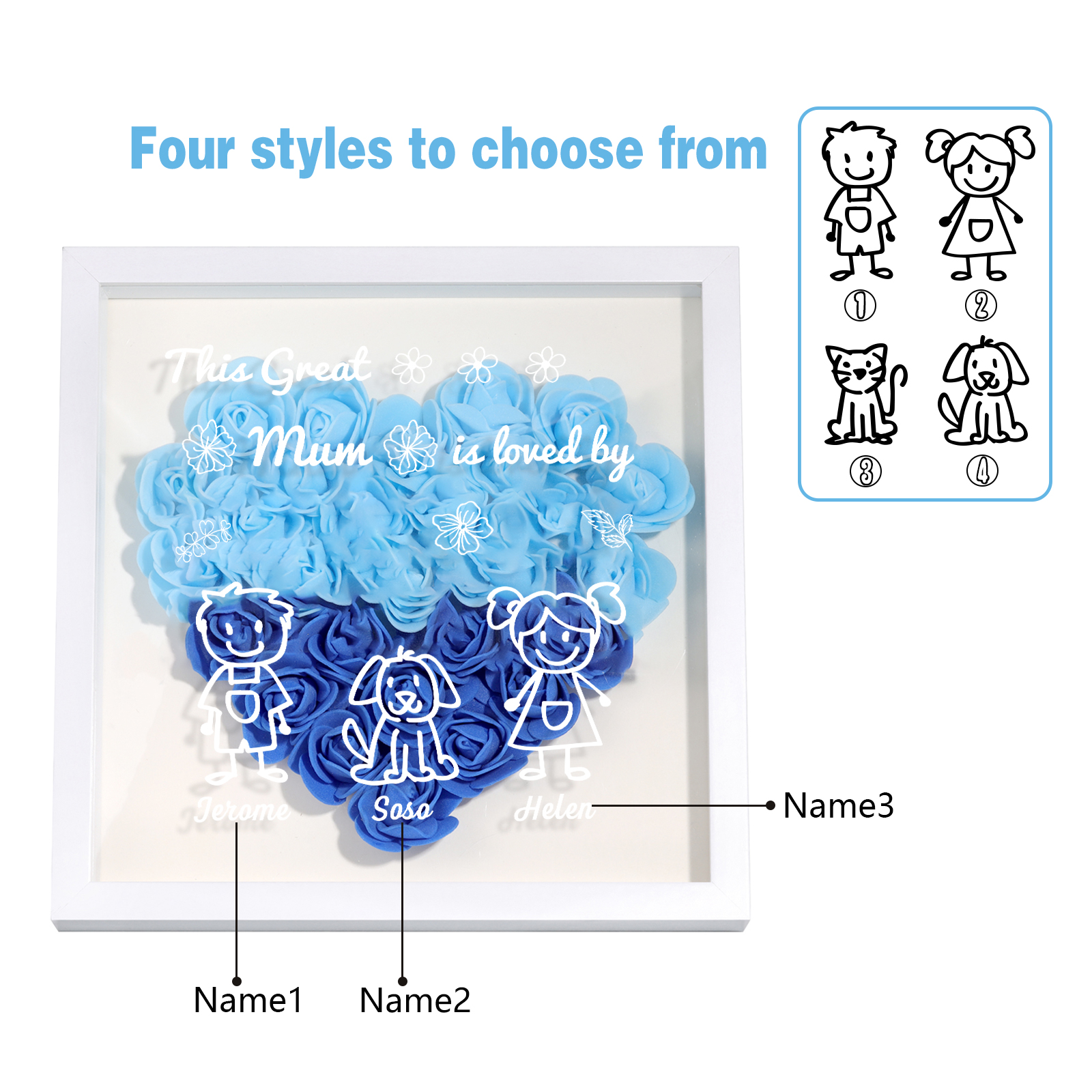 Personalised 3D Floral Shadow Box – Custom 3 Kids&Pets Names –This Great Mum Is Loved By- Gift for Mum, Nan & Loved Ones| Jessemade