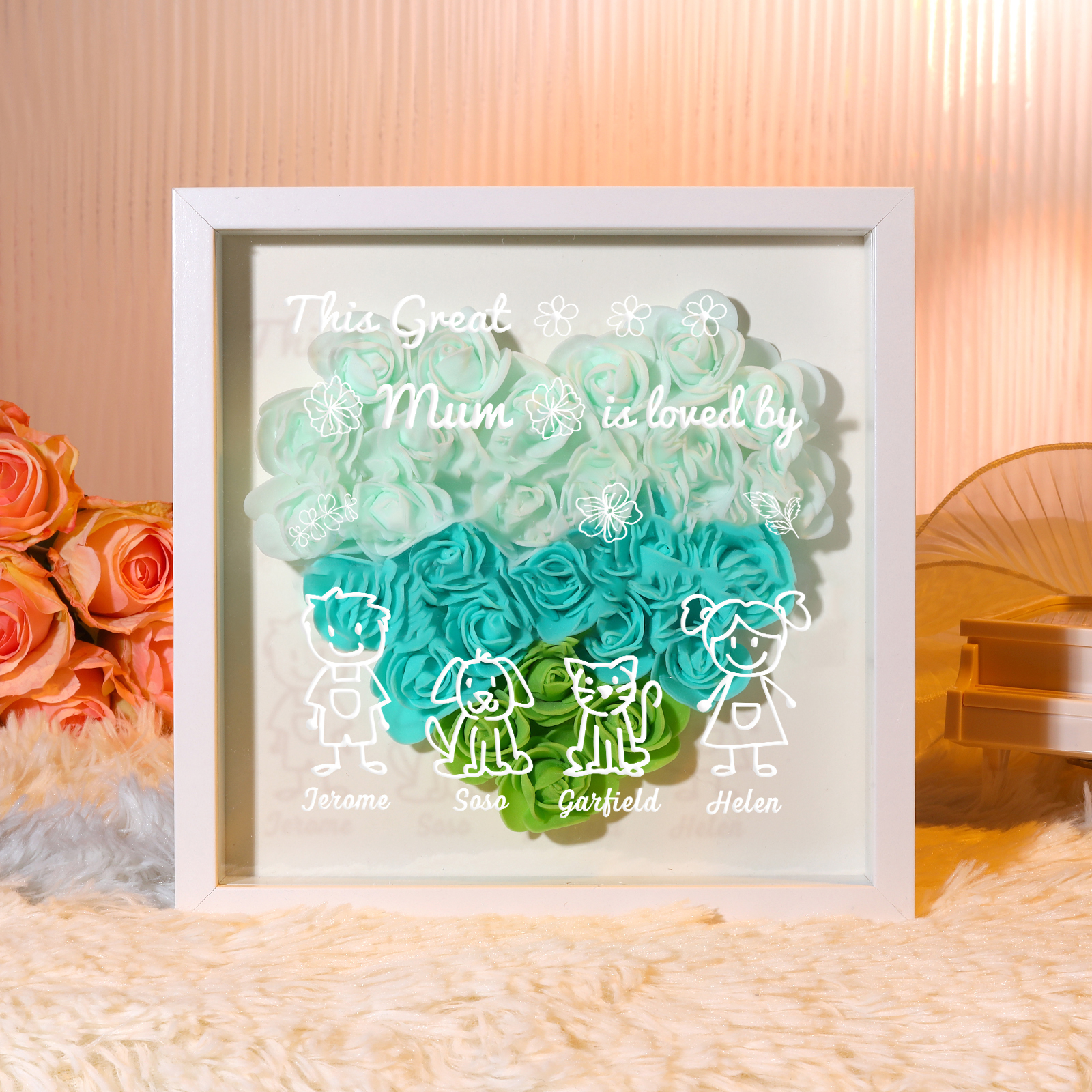 Personalised 3D Floral Shadow Box – Custom 3 Kids&Pets Names –This Gre