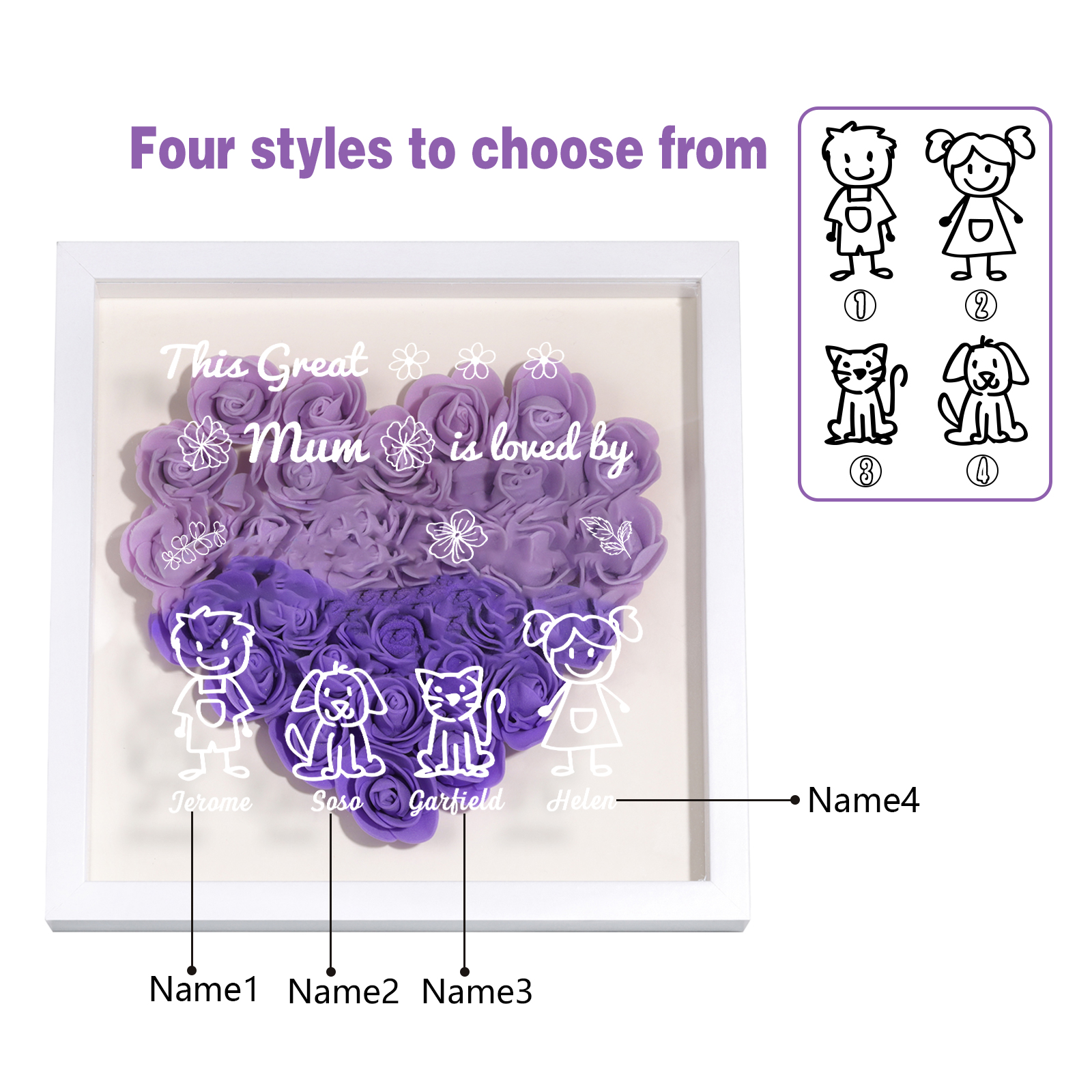 Personalised 3D Floral Shadow Box – Custom 4 Kids&Pets Names –This Great Mum Is Loved By- Gift for Mum, Nan & Loved Ones| Jessemade