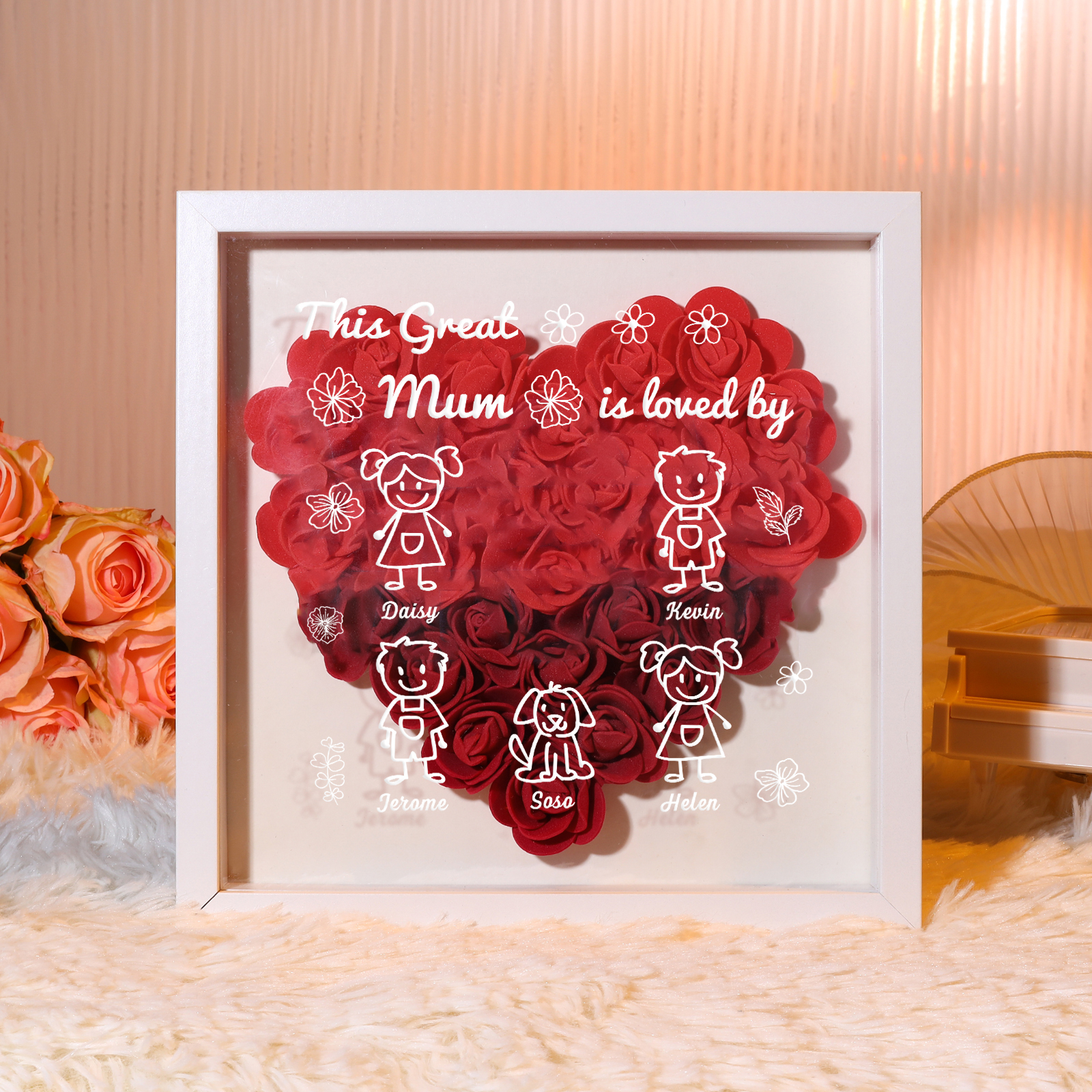 Personalised 3D Floral Shadow Box – Custom 5 Kids&Pets Names –This Great Mum Is Loved By- Gift for Mum, Nan & Loved Ones| Jessemade