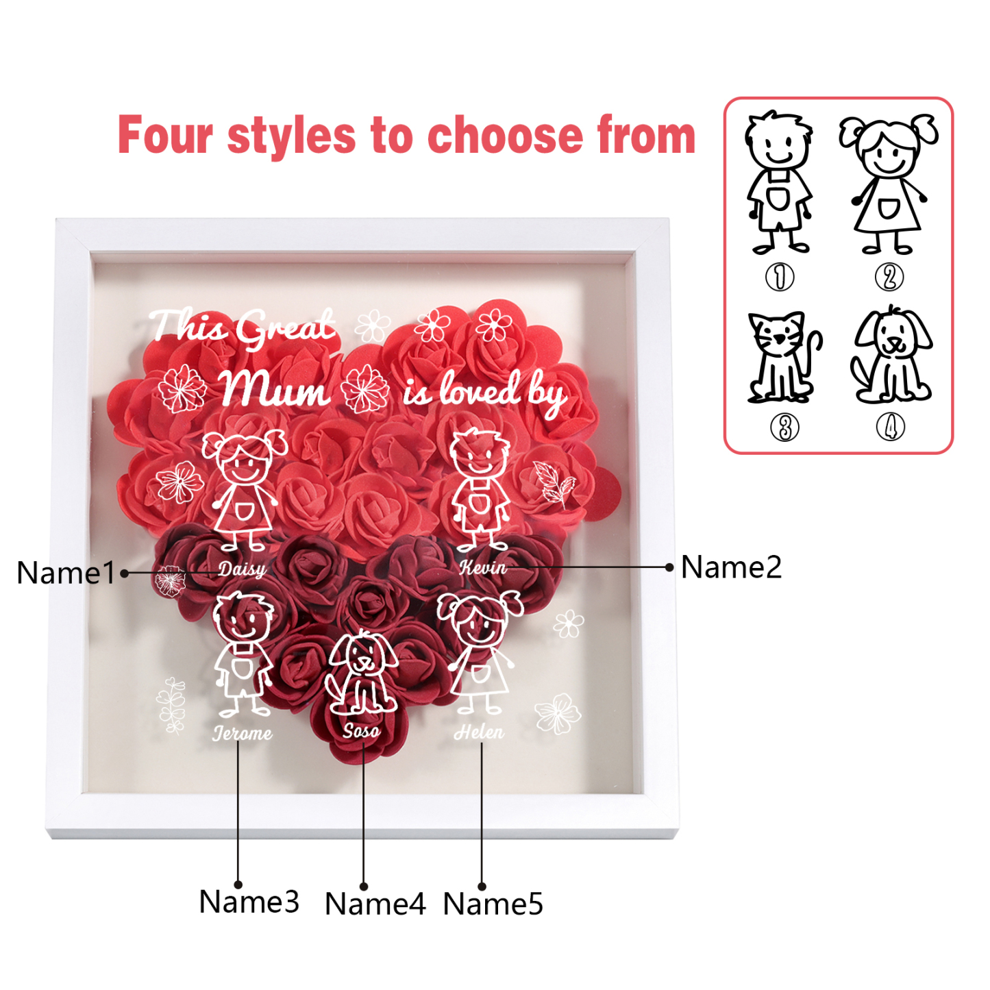 Personalised 3D Floral Shadow Box – Custom 5 Kids&Pets Names –This Great Mum Is Loved By- Gift for Mum, Nan & Loved Ones| Jessemade