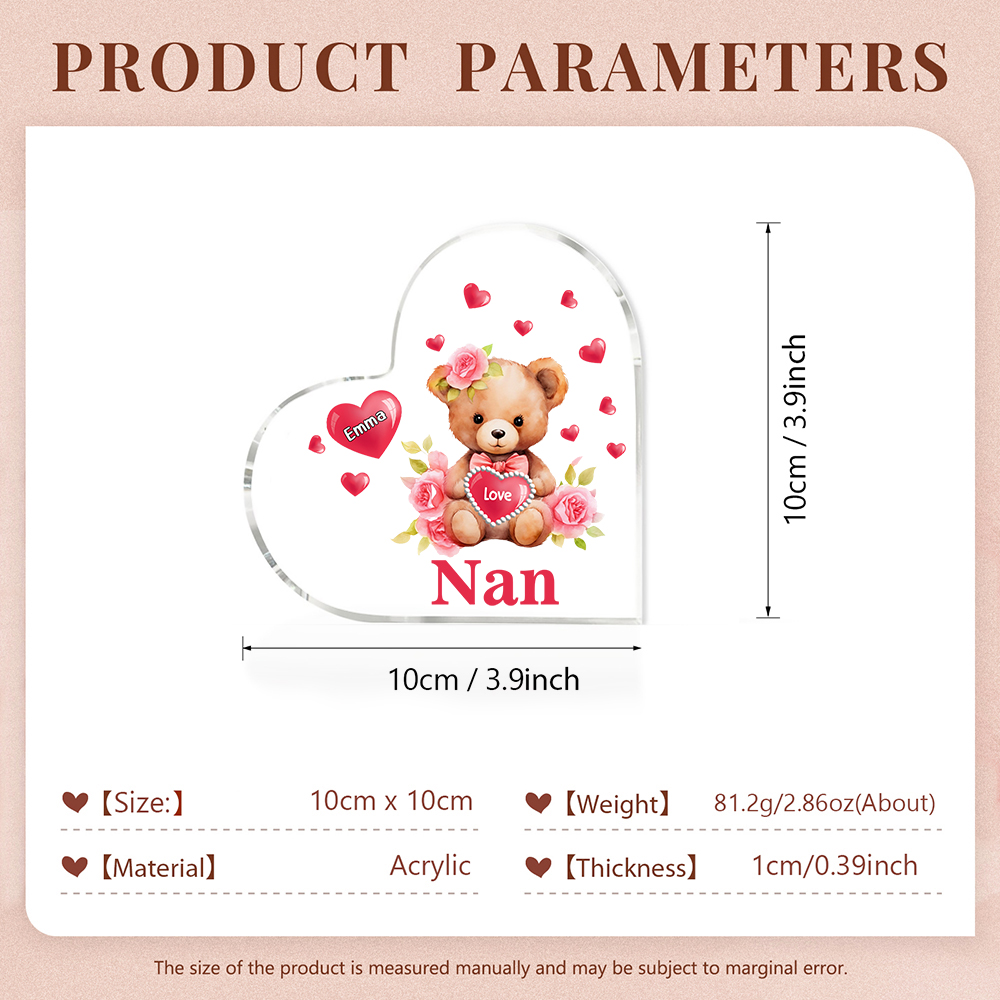 1 Name-Personalized Bear Acrylic Heart Keepsake Custom Text Acrylic Plaque Ornaments Gifts for Nan