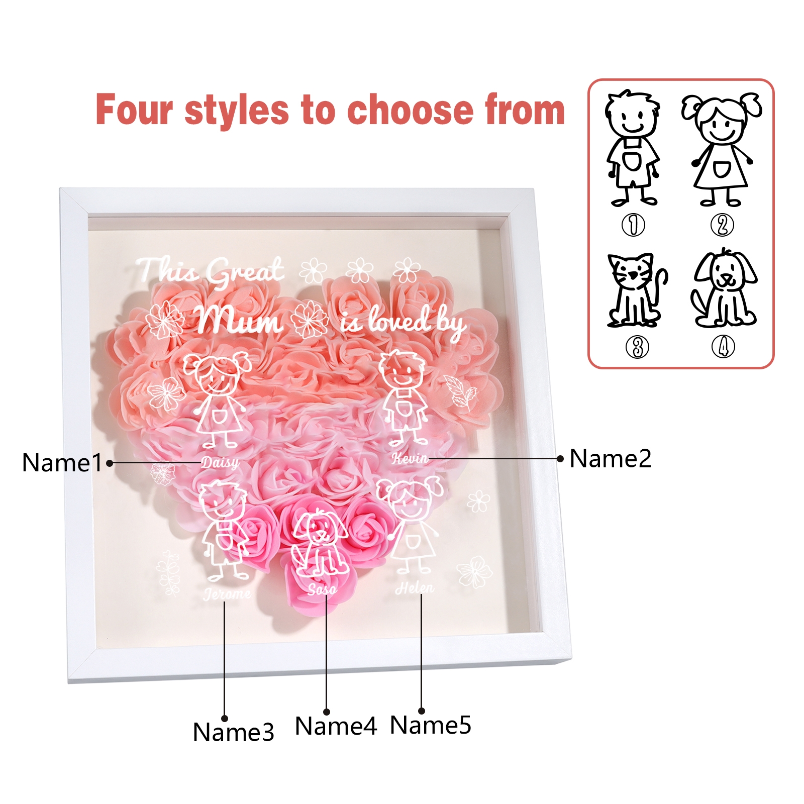 Personalised 3D Floral Shadow Box – Custom 5 Kids&Pets Names –This Great Mum Is Loved By- Gift for Mum, Nan & Loved Ones| Jessemade