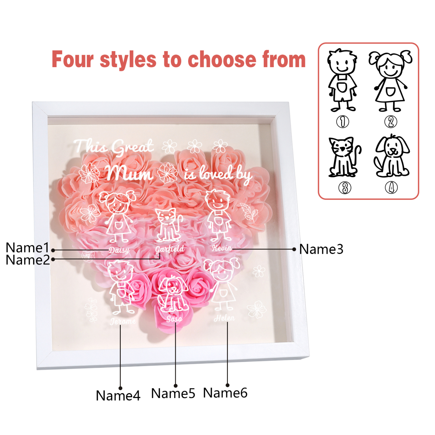 Personalised 3D Floral Shadow Box – Custom 6 Kids&Pets Names –This Great Mum Is Loved By- Gift for Mum, Nan & Loved Ones| Jessemade