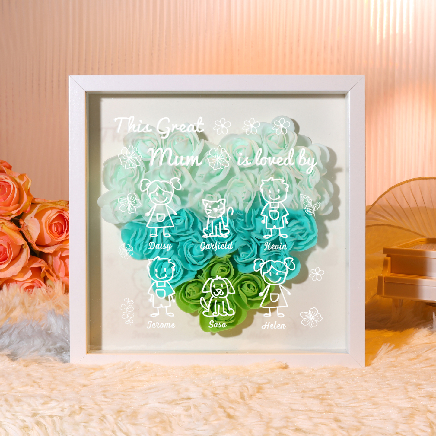 Personalised 3D Floral Shadow Box – Custom 6 Kids&Pets Names –This Great Mum Is Loved By- Gift for Mum, Nan & Loved Ones| Jessemade
