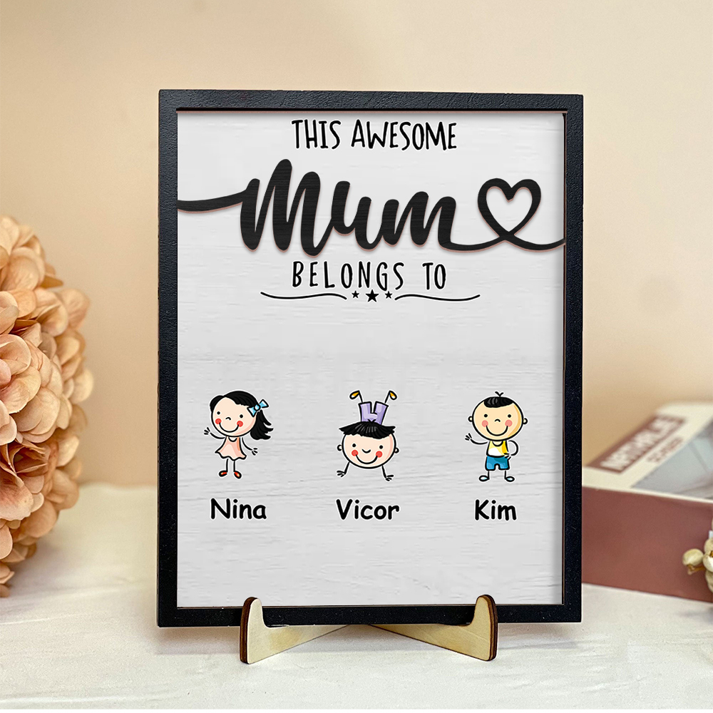 3 Names - Personalised Home Frame Wooden Ornaments Cute Elephant Style Ornaments for Mum