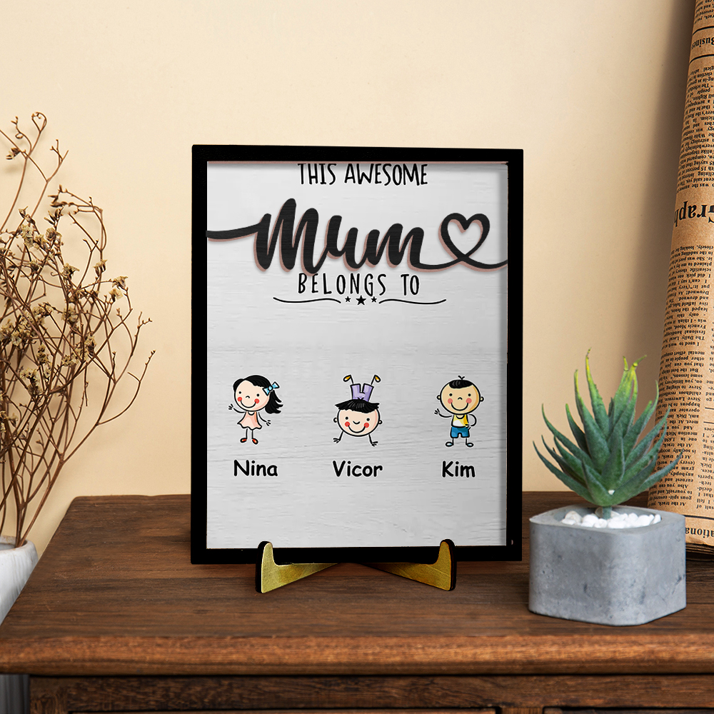 3 Names - Personalised Home Frame Wooden Ornaments Cute Elephant Style Ornaments for Mum