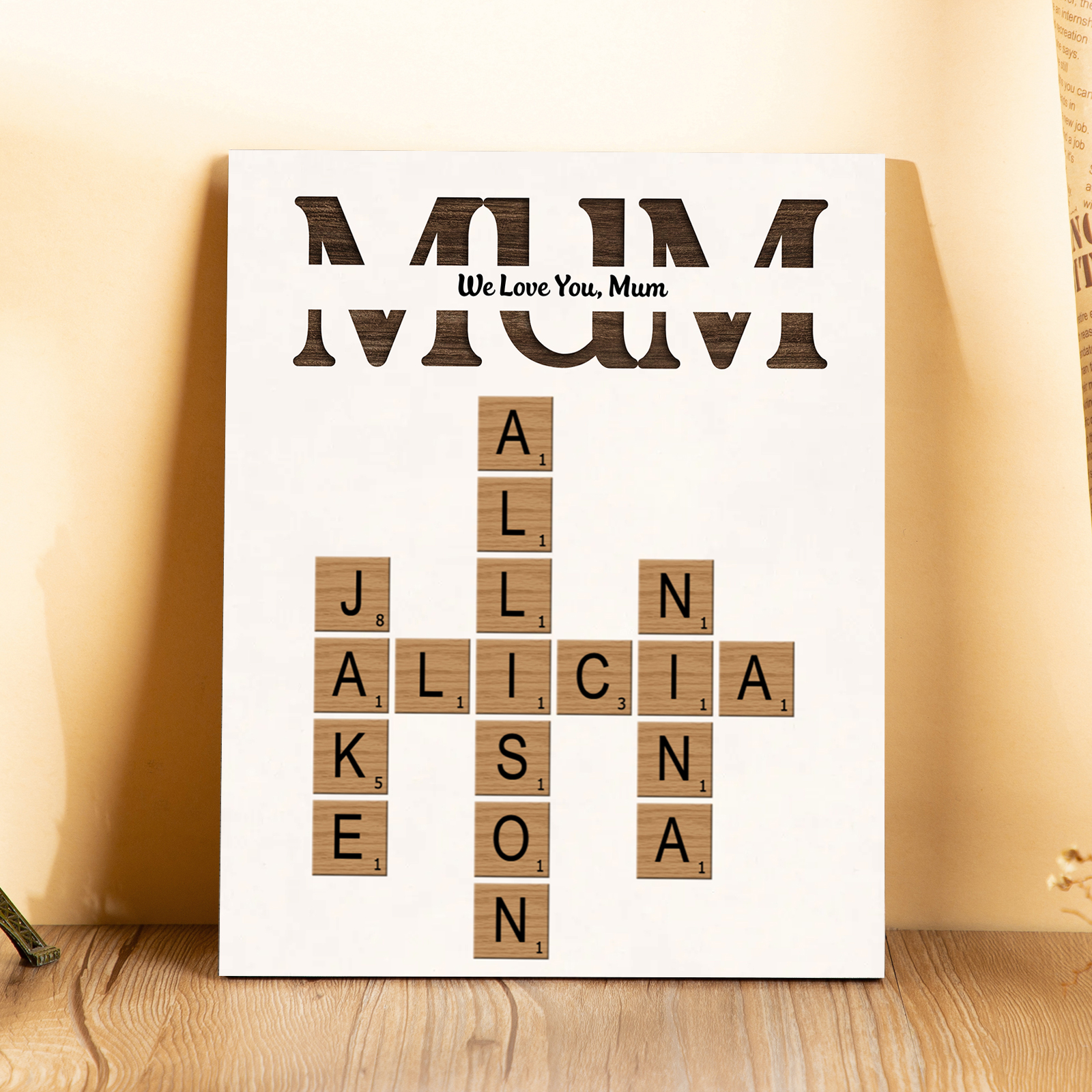 Personalised Crossword Wooden Ornament – with Custom 2-12 Names – "First Mum, Now Grandmother" – Unique Gift for Mum | Jessemade