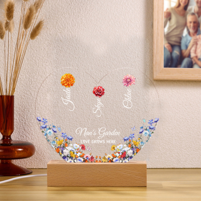 Personalised Heart Acrylic Plaque, Custom 1-8 Names Floral LED Night Light Gift For Her | Jessemade