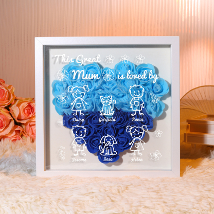 Personalised 3D Floral Shadow Box – Custom 6 Kids&Pets Names –This Great Mum Is Loved By- Gift for Mum, Nan & Loved Ones| Jessemade