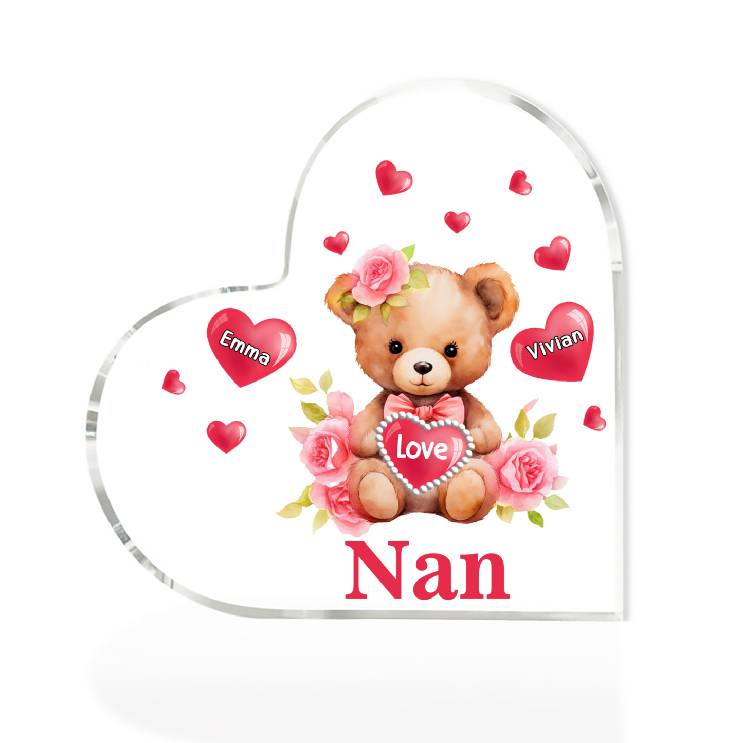 2 Names-Personalized Bear Acrylic Heart Keepsake Custom Text Acrylic Plaque Ornaments Gifts for Nan