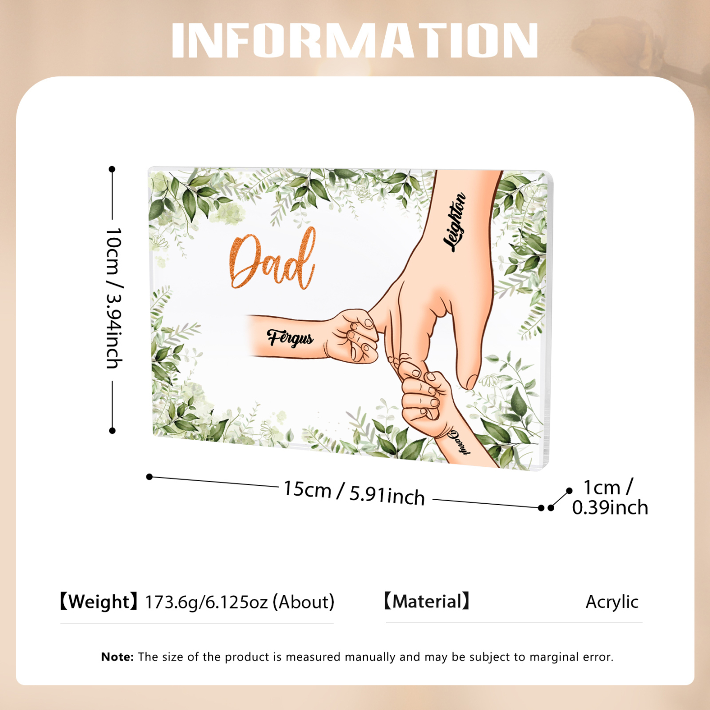 3 Names & 1 Text Personalised Acrylic Plaque for Dad - Custom Holding Hands Style | Jessemade