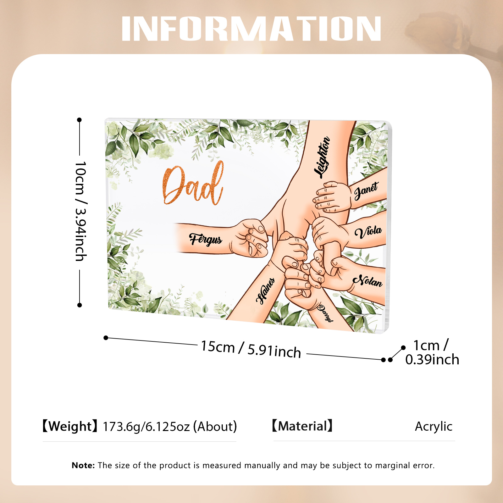 7 Names & 1 Text Personalised Acrylic Plaque for Dad - Custom Holding Hands Style | Jessemade