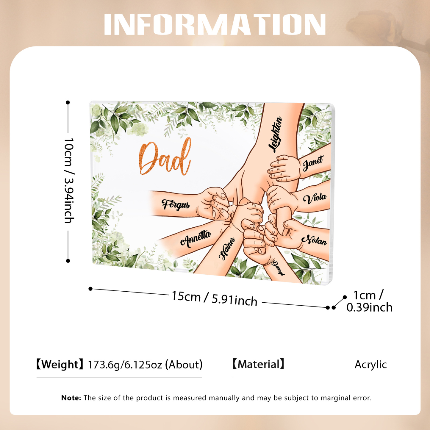 8 Names & 1 Text Personalised Acrylic Plaque for Dad - Custom Holding Hands Style | Jessemade