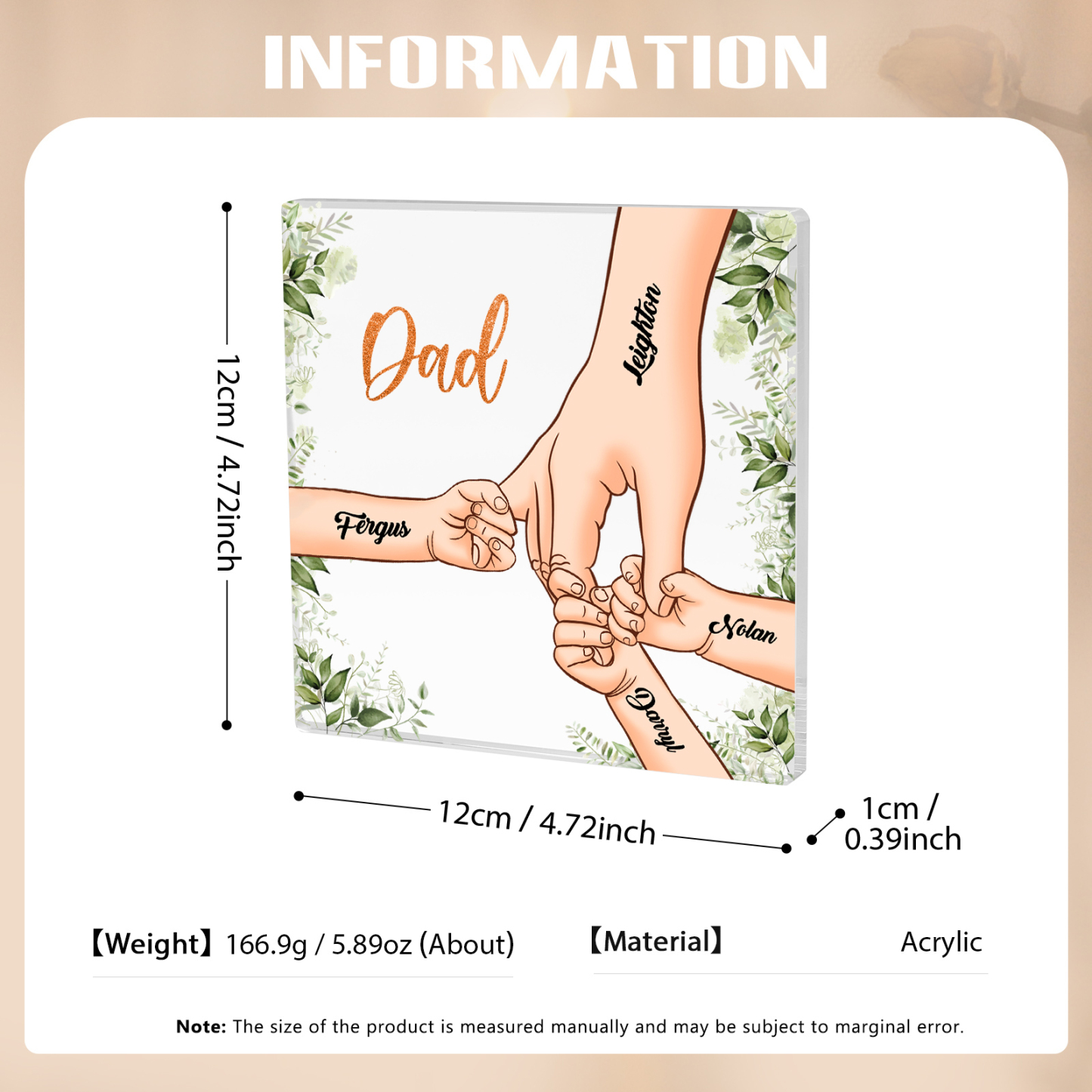 4 Names & 1 Text Personalised Acrylic Plaque for Dad - Custom Holding Hands Father's Day Gift | Jessemade