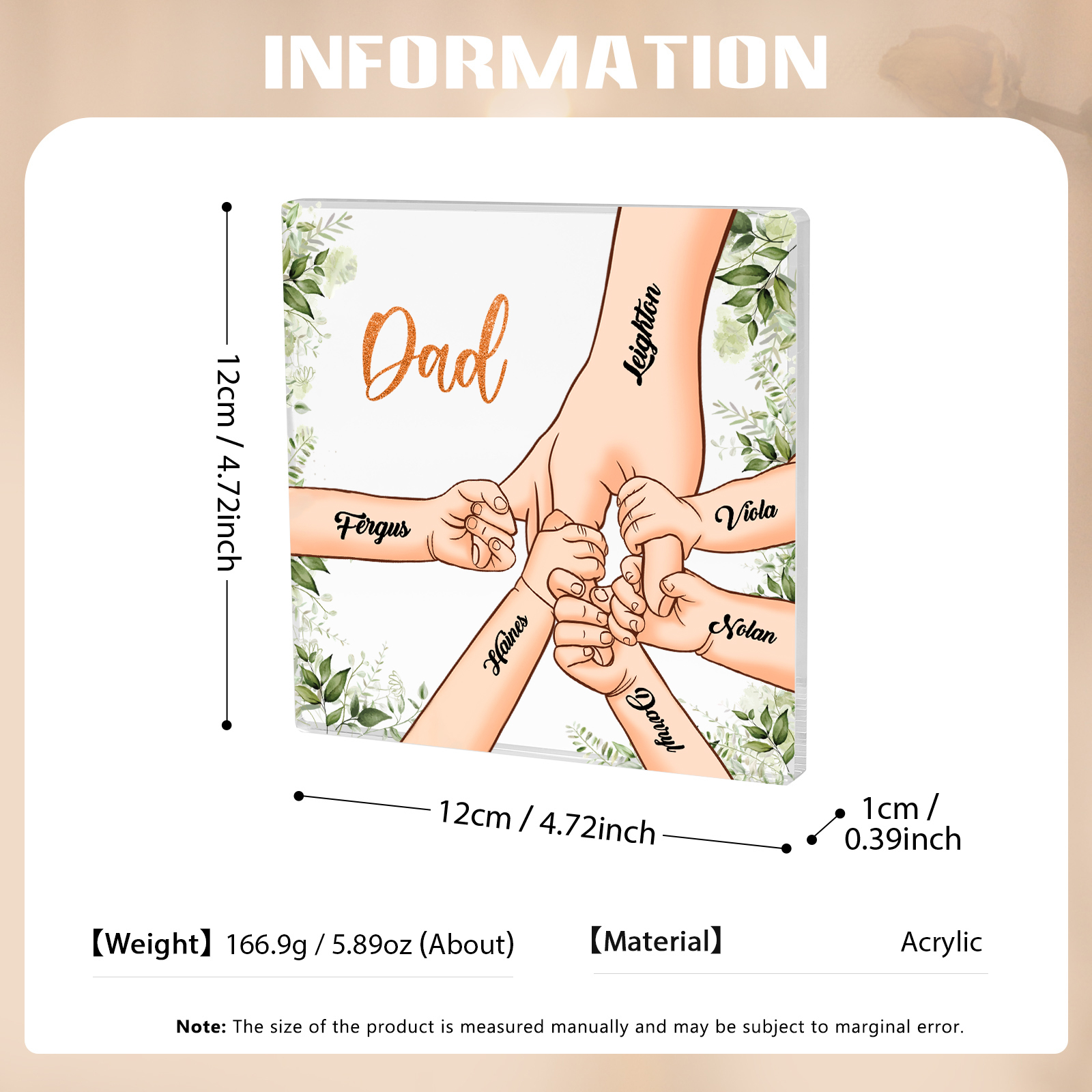 6 Names & 1 Text Personalised Acrylic Plaque for Dad - Custom Holding Hands Father's Day Gift | Jessemade