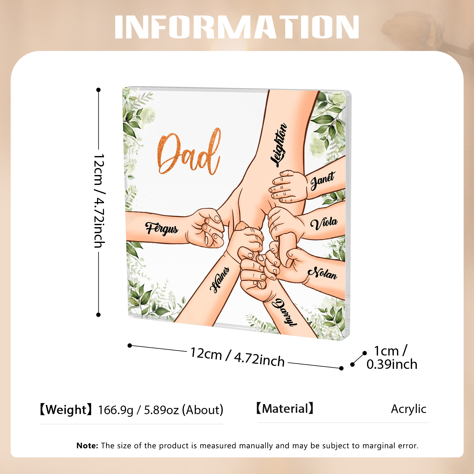 7 Names & 1 Text Personalised Acrylic Plaque for Dad - Custom Holding Hands Father's Day Gift | Jessemade