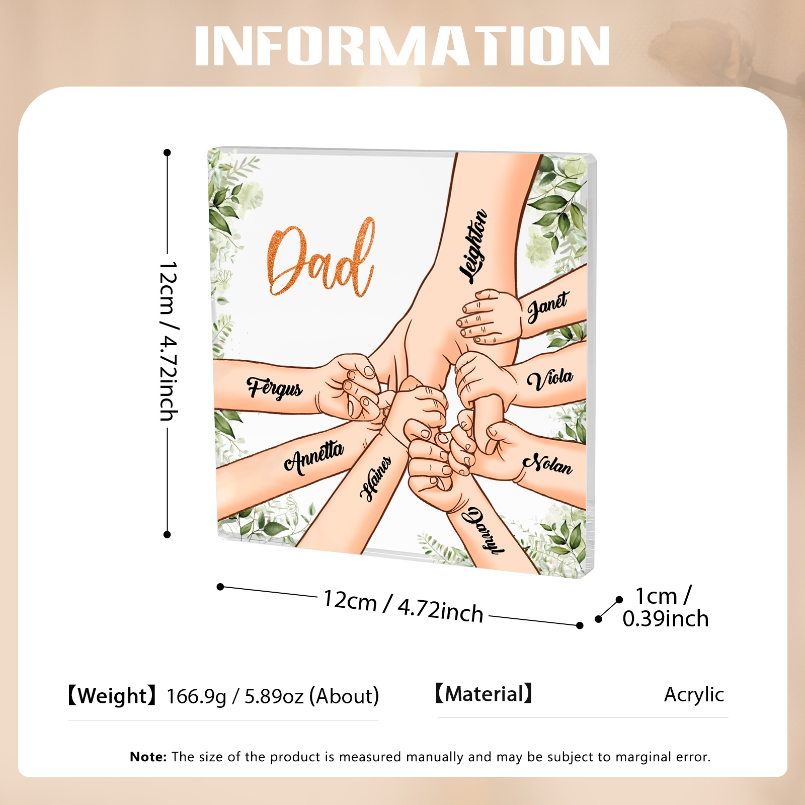 8 Names & 1 Text Personalised Acrylic Plaque for Dad - Custom Holding Hands Father's Day Gift | Jessemade