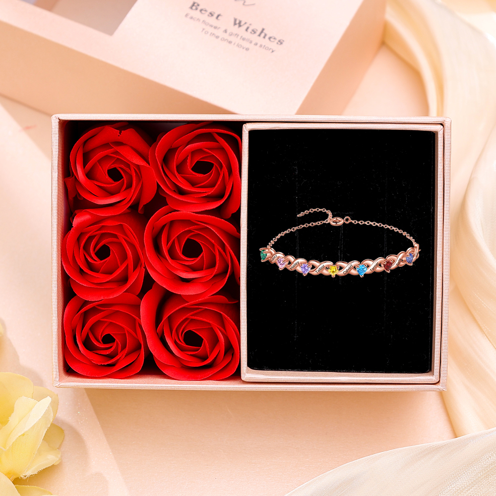 Personalised Bracelet With 2-7 Heart Birthstones Engraved Names Bracelet Gift For Women | Jessemade