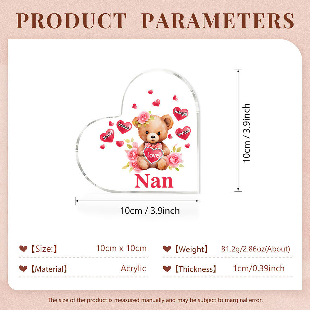 4 Names-Personalized Bear Acrylic Heart Keepsake Custom Text Acrylic Plaque Ornaments Gifts for Nan