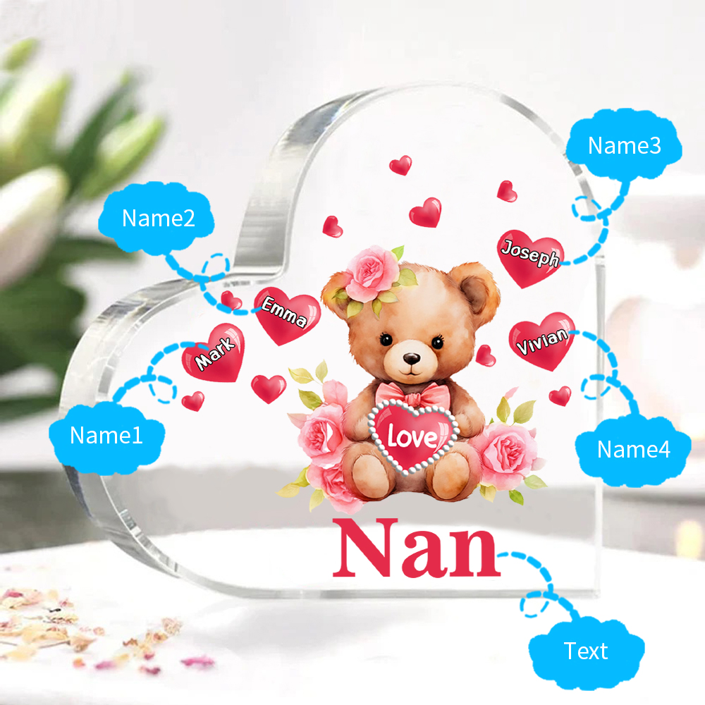 4 Names-Personalized Bear Acrylic Heart Keepsake Custom Text Acrylic Plaque Ornaments Gifts for Nan