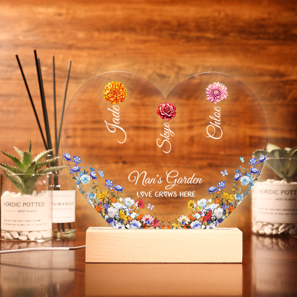 Personalised Heart Acrylic Plaque, Custom 1-8 Names Floral LED Night Light Gift For Her | Jessemade