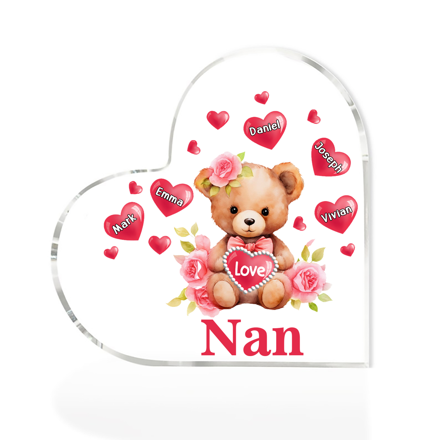 5 Names-Personalized Bear Acrylic Heart Keepsake Custom Text Acrylic Plaque Ornaments Gifts for Nan