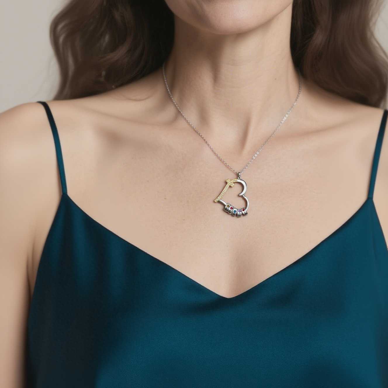 Personalised 2-5 Names Beads Cross Heart Shaped Birthstones Necklace for Her