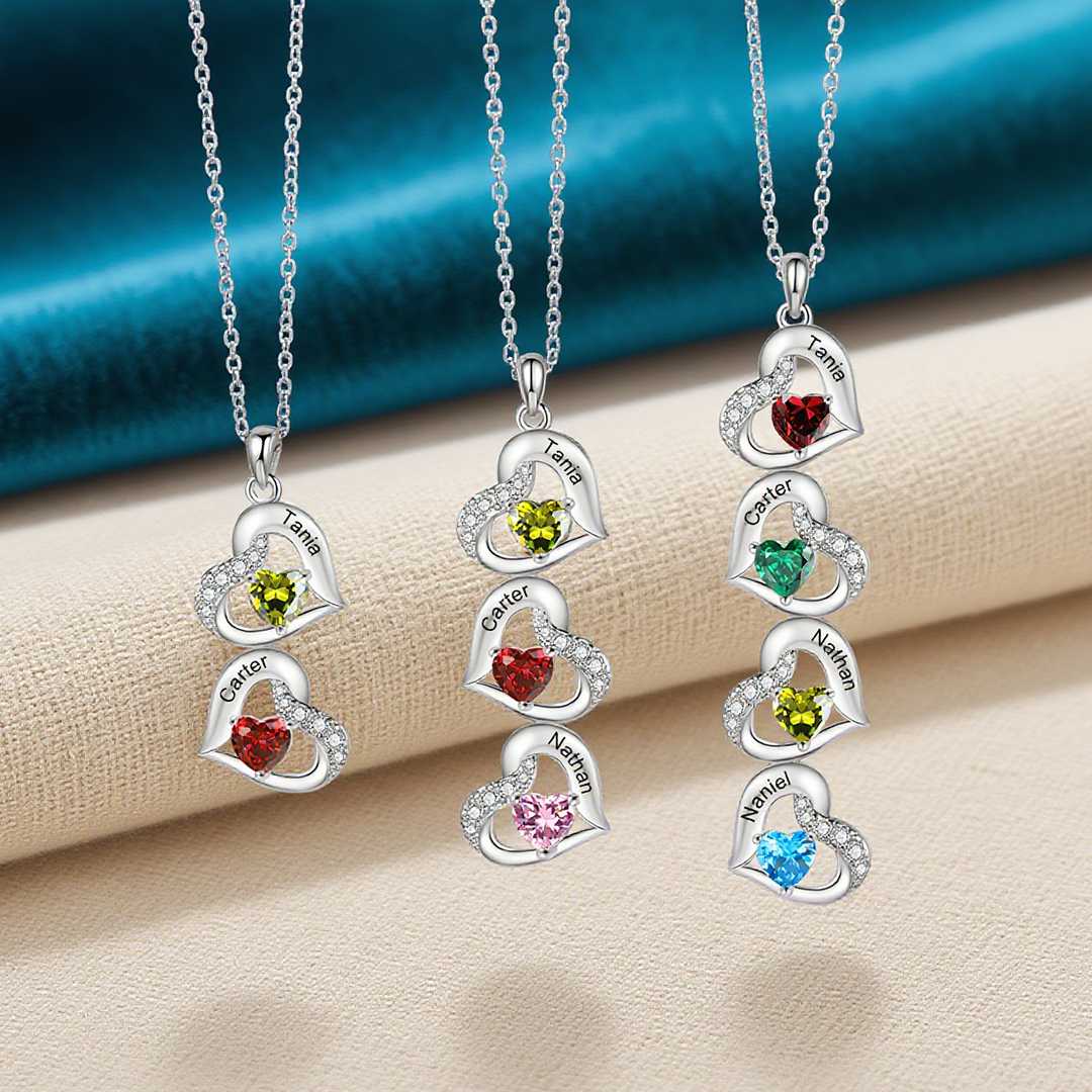 Custom 2-4 Names Heart Birthstone Necklace for Her
