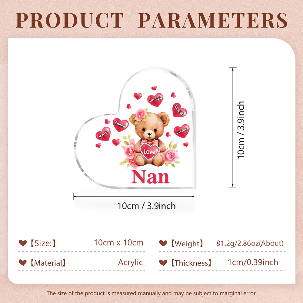5 Names-Personalized Bear Acrylic Heart Keepsake Custom Text Acrylic Plaque Ornaments Gifts for Nan