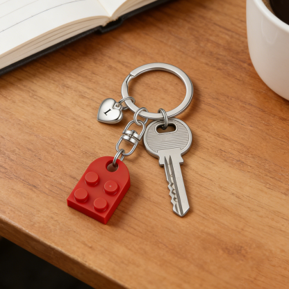 2-Names Personalised Letter Heart-Shape Building Blocks Couple Keyring Engrave Letters Matching Couple Gifts, Special Gift For Him/Her