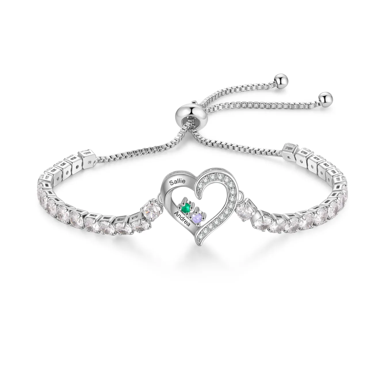 Personalised 2-4 Names & Birthstones Heart Tennis Bracelet-Gift for Mum/Her