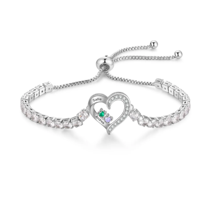 Personalised 2-4 Names & Birthstones Heart Tennis Bracelet-Gift for Mum/Her