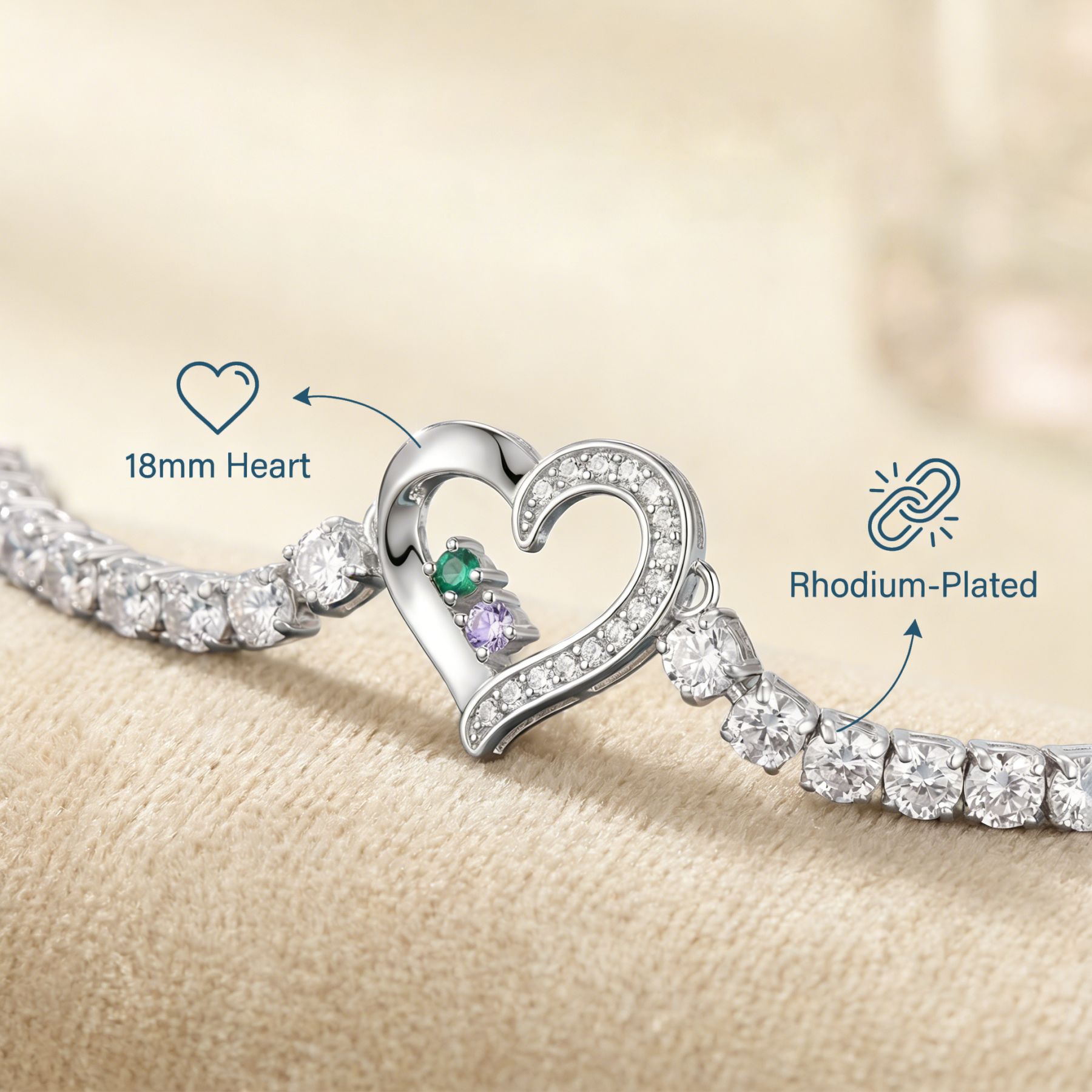 Personalised 2-4 Names & Birthstones Heart Tennis Bracelet-Gift for Mum/Her