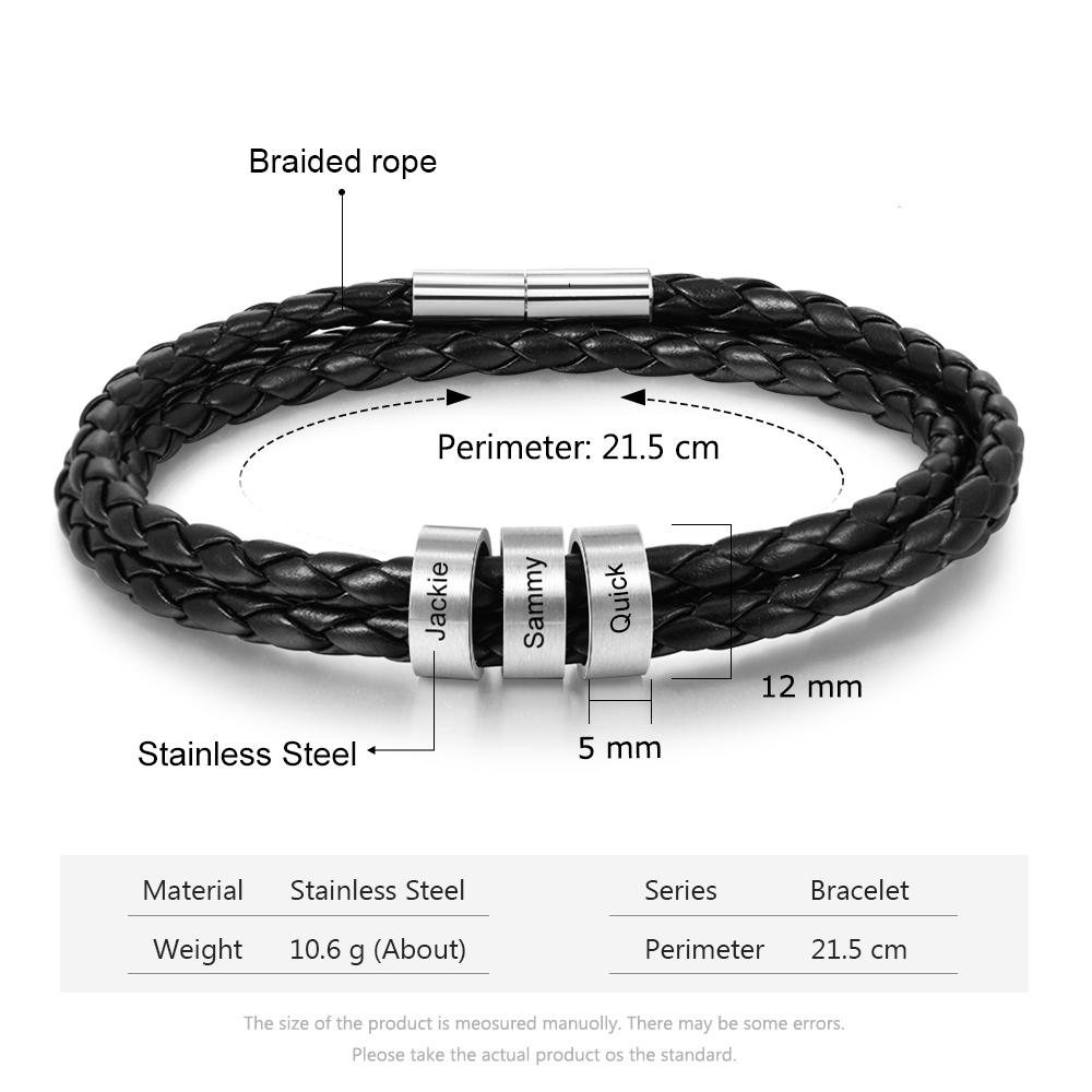Personalised Braided Leather Bracelet with 2–5 Engraved Name Beads For Him Best Gift For Dad