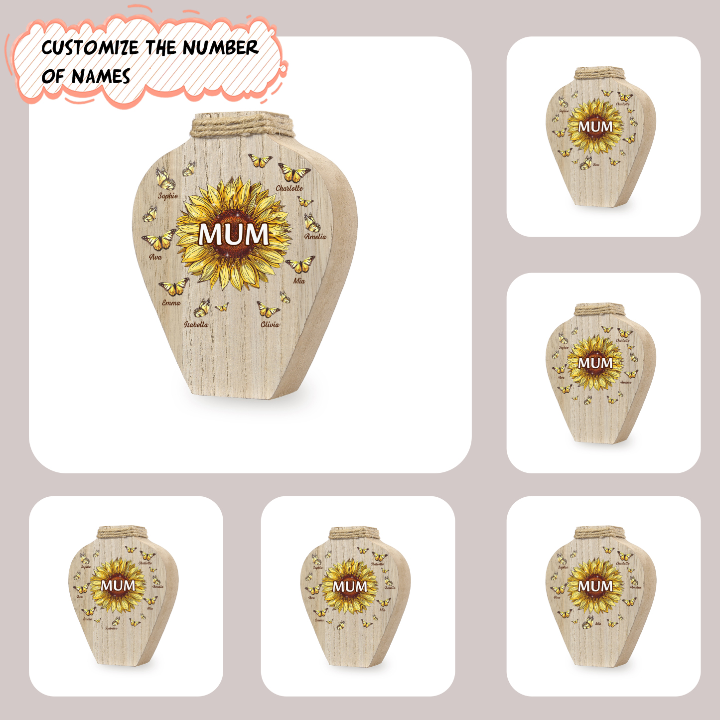 8 Names - Personalized Custom Text and Name Butterfly Style Wooden Decorative Vase as a Gift for Mum