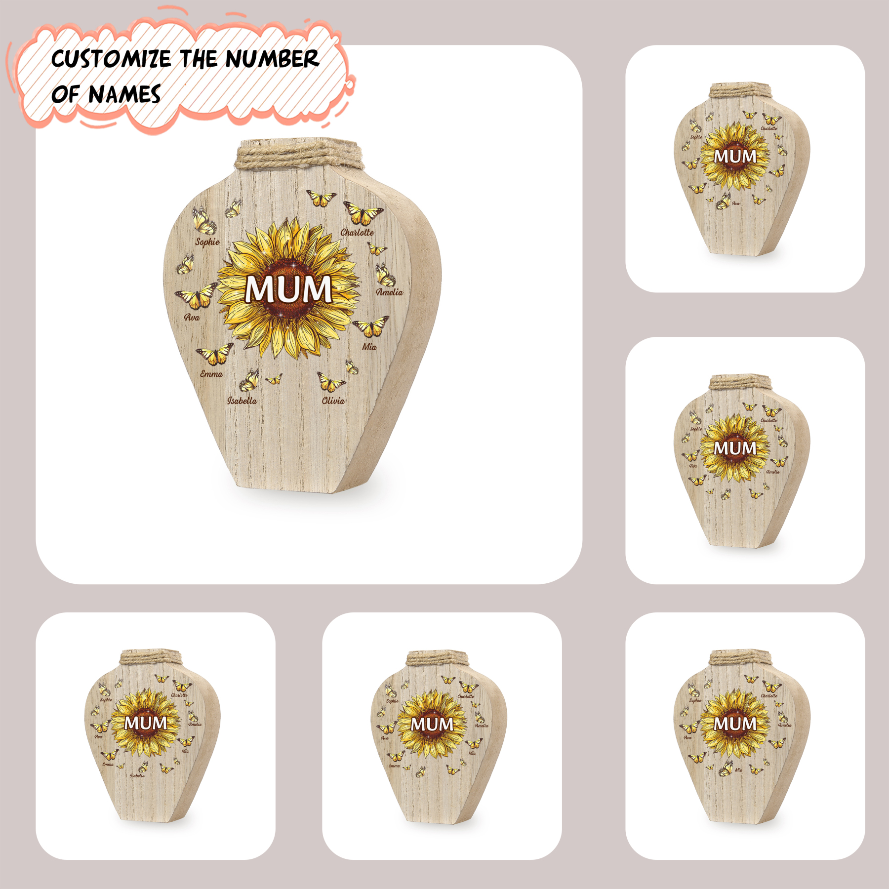 8 Names - Personalized Custom Text and Name Butterfly Style Wooden Decorative Vase as a Gift for Mum