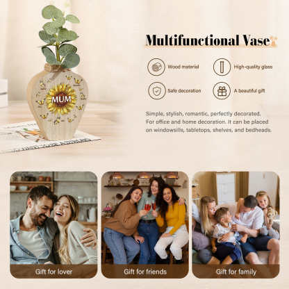 5 Names - Personalized Custom Text and Name Butterfly Style Wooden Decorative Vase as a Gift for Mum