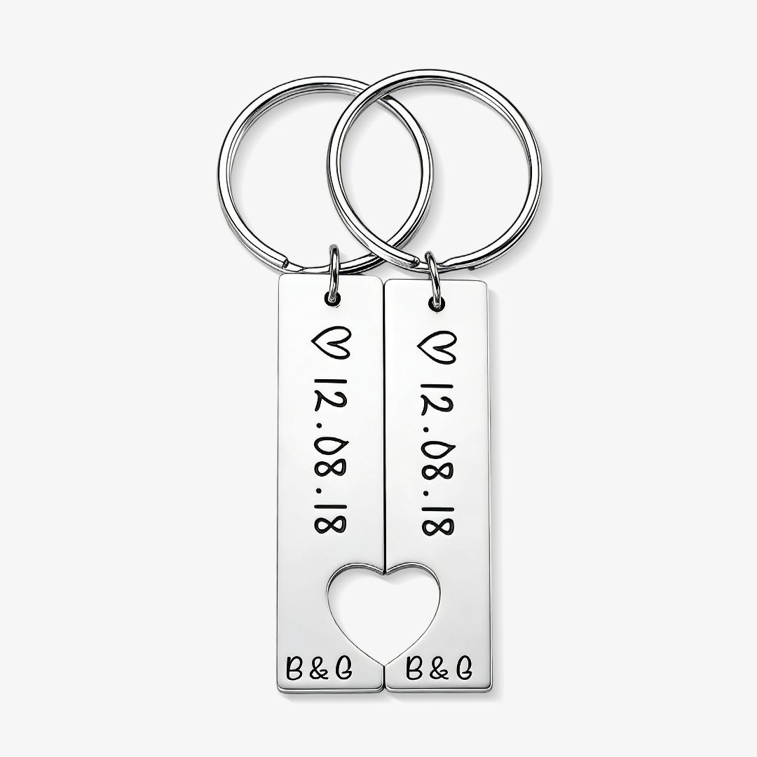 Personalised Heart Keyring Set with Custom Date & Initial Matching Valentine's gift for Couple | Jessemade