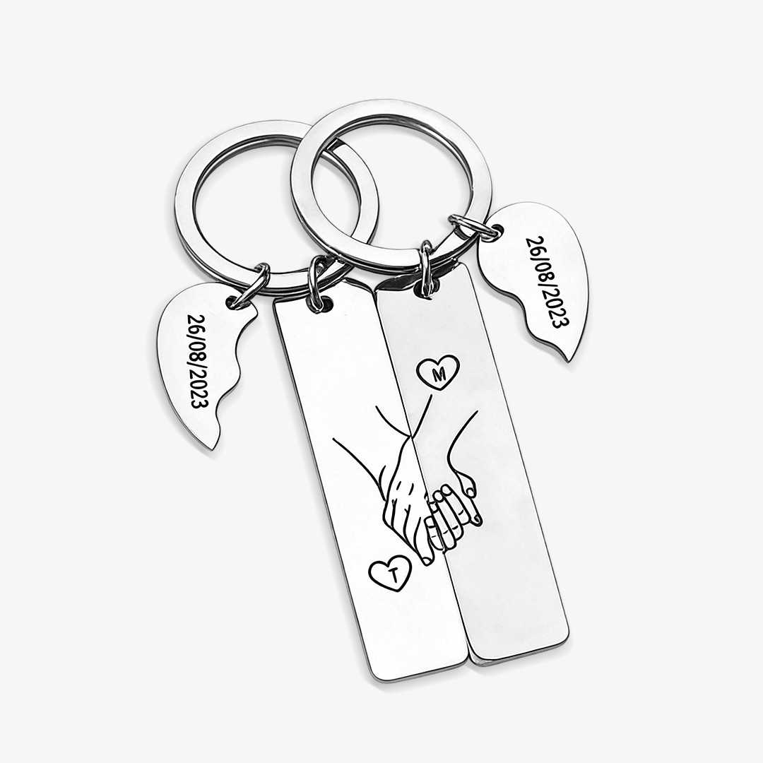 Personalised Hand in Hand Couple Keyring Set With Gift Box, Custom Keyring Engrave Name Matching Couple Gifts, Valentine's Day Gift for Him-Silver Color