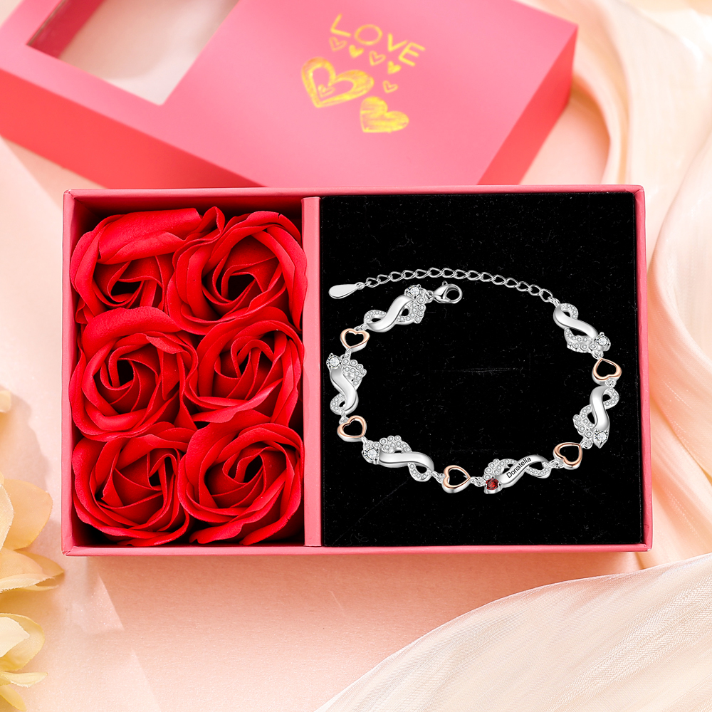 Personalised Baby Feet Bracelet Custom 1 Birthstones Set With Rose Gift Box Heart Bracelet Gifts For Women