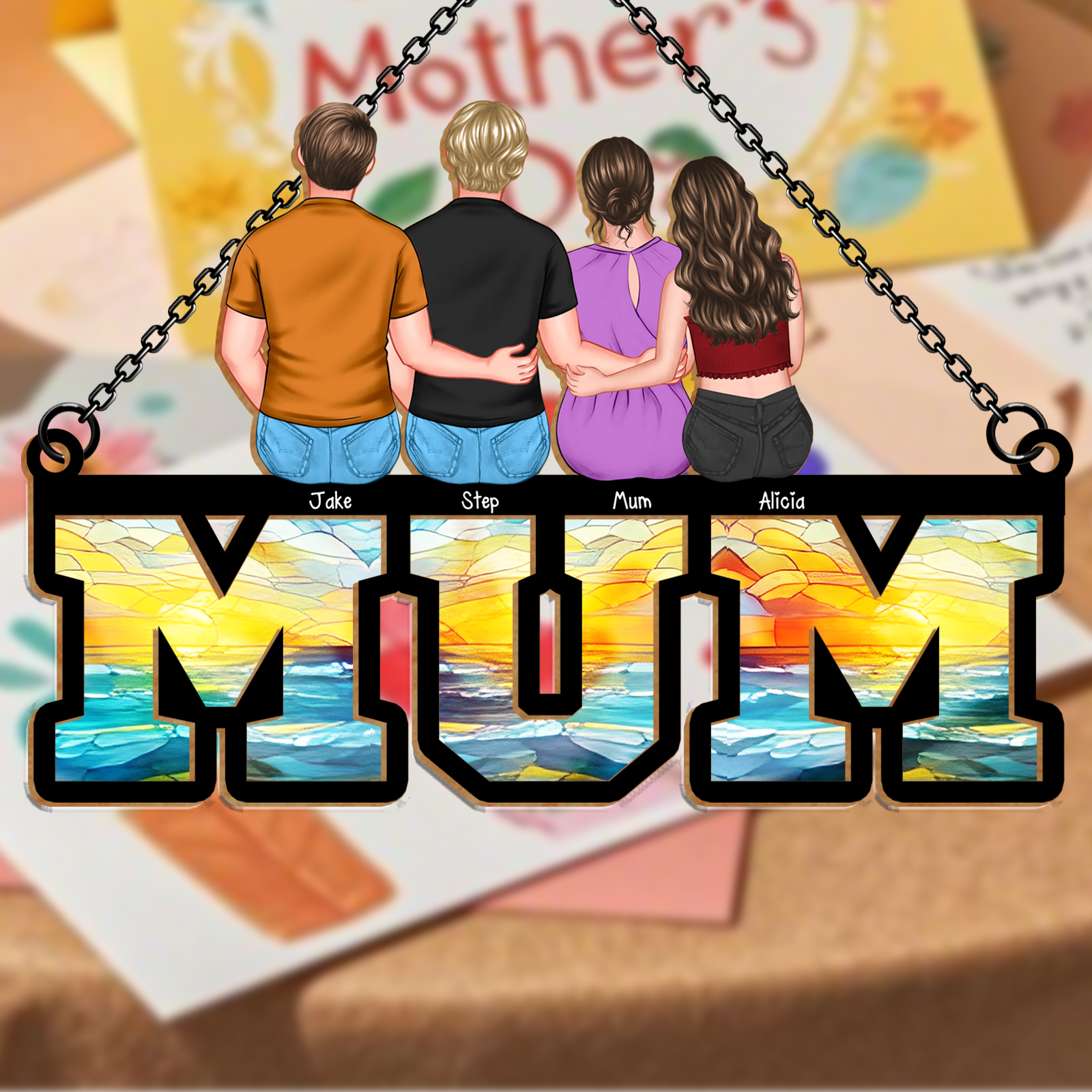 Personalised “MUM” Hanging Sign – Custom Mother’s Day Gift with Family Illustration and Names | Jessemade