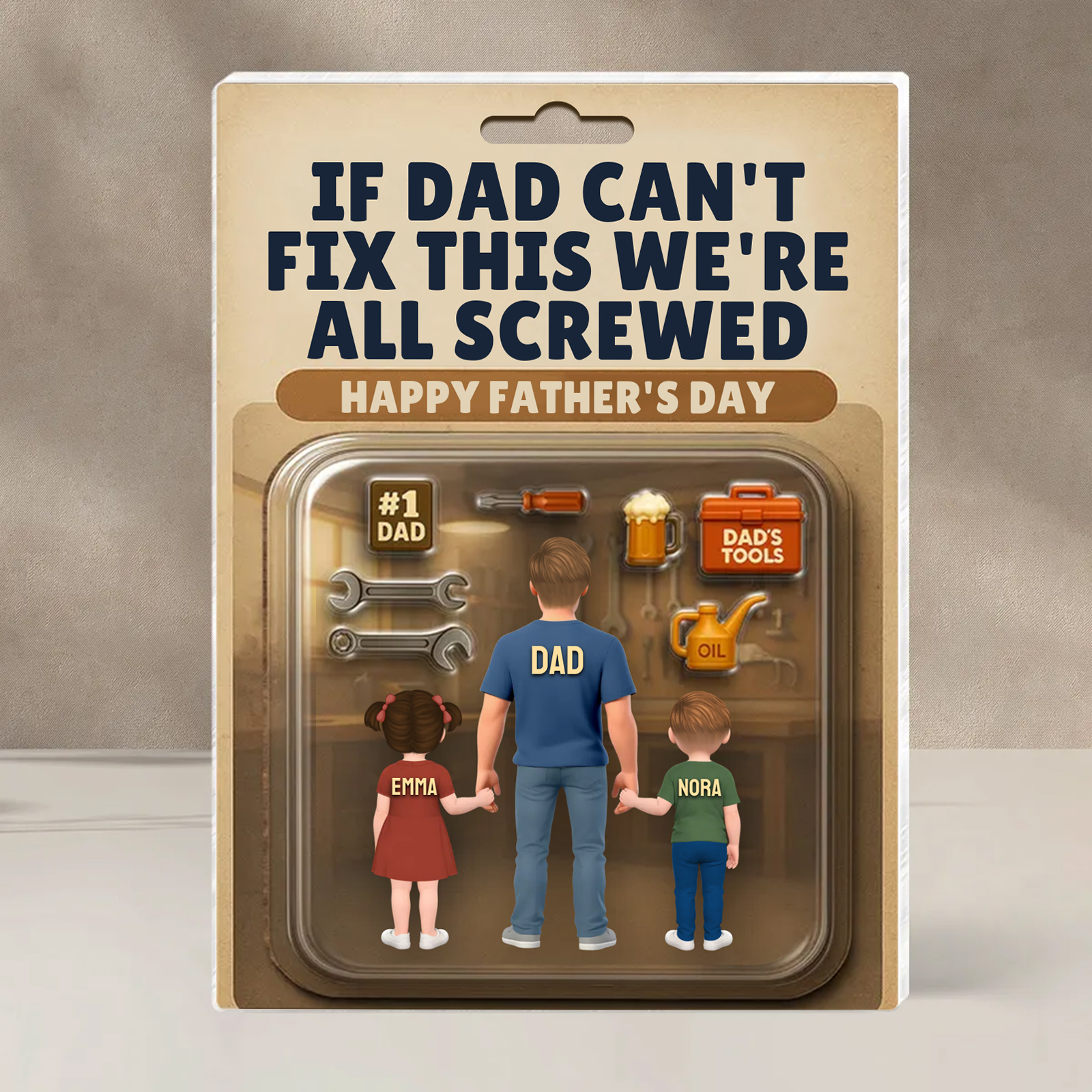 Personalised Father's Day Acrylic Plaque – "If Dad Can't Fix This We're All Screwed" – Custom Gift with Kids' Names | Jessemade