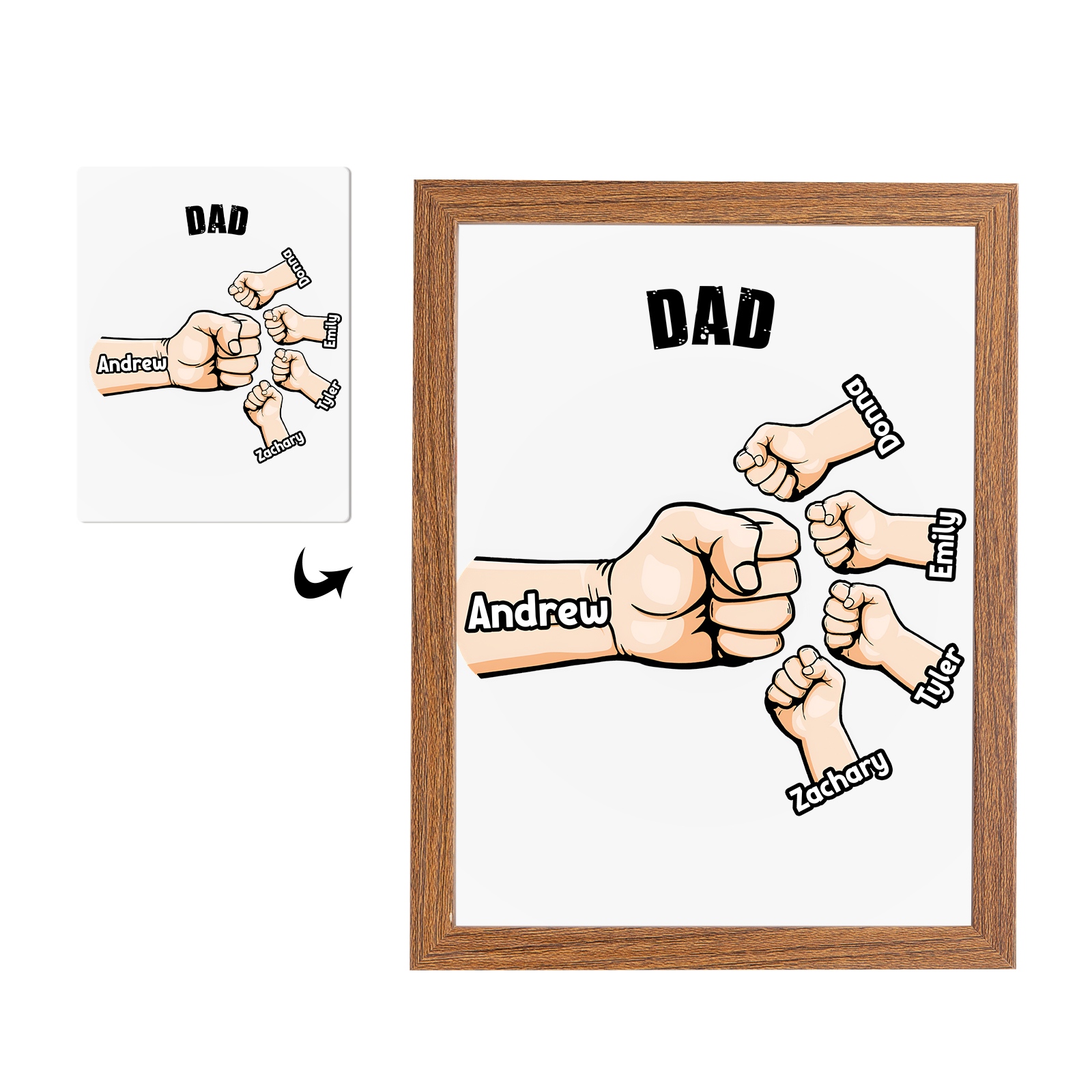 5 Names-Personalized Fist Dad LED Light Wooden Photo Frame -Custom Text & Names, Adjustable 3 Colors