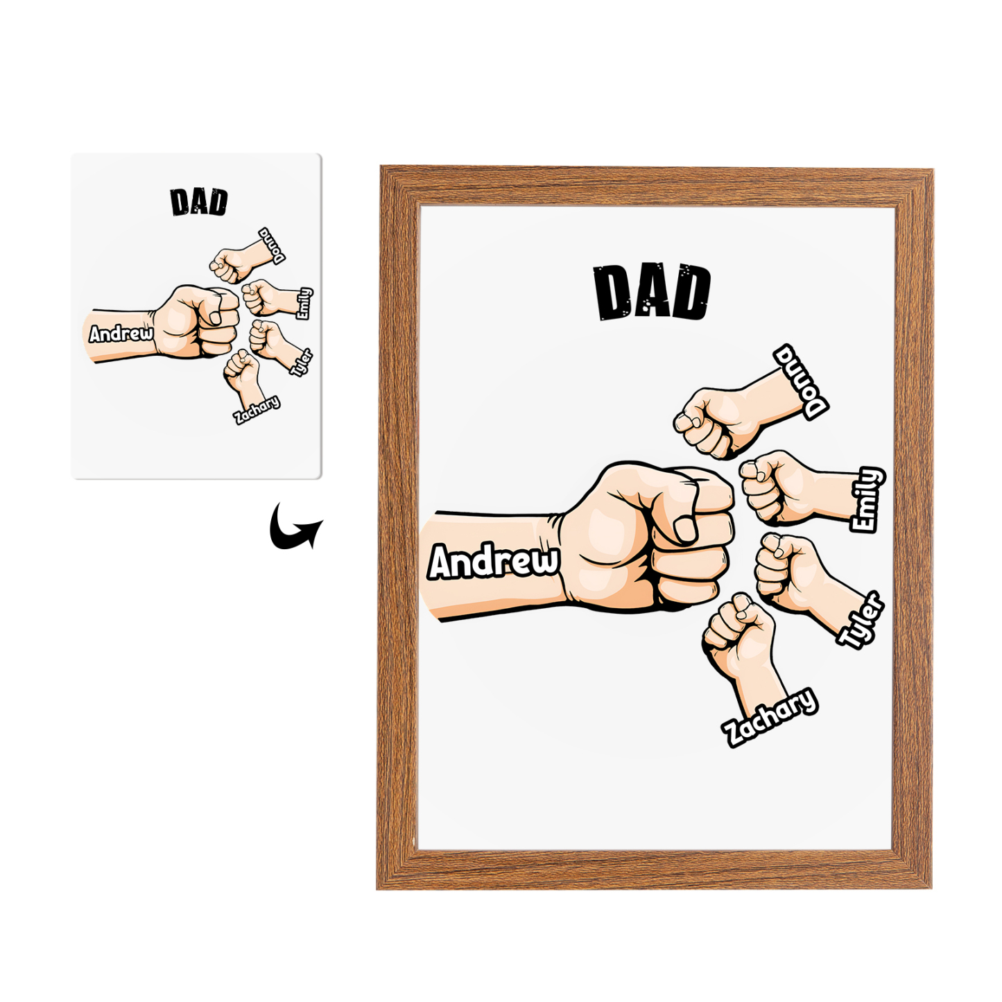 5 Names-Personalized Fist Dad LED Light Wooden Photo Frame -Custom Text & Names, Adjustable 3 Colors