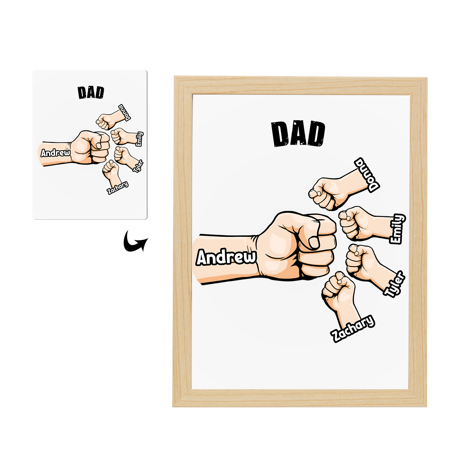 5 Names-Personalized Fist Dad LED Light Wooden Photo Frame -Custom Text & Names, Adjustable 3 Colors