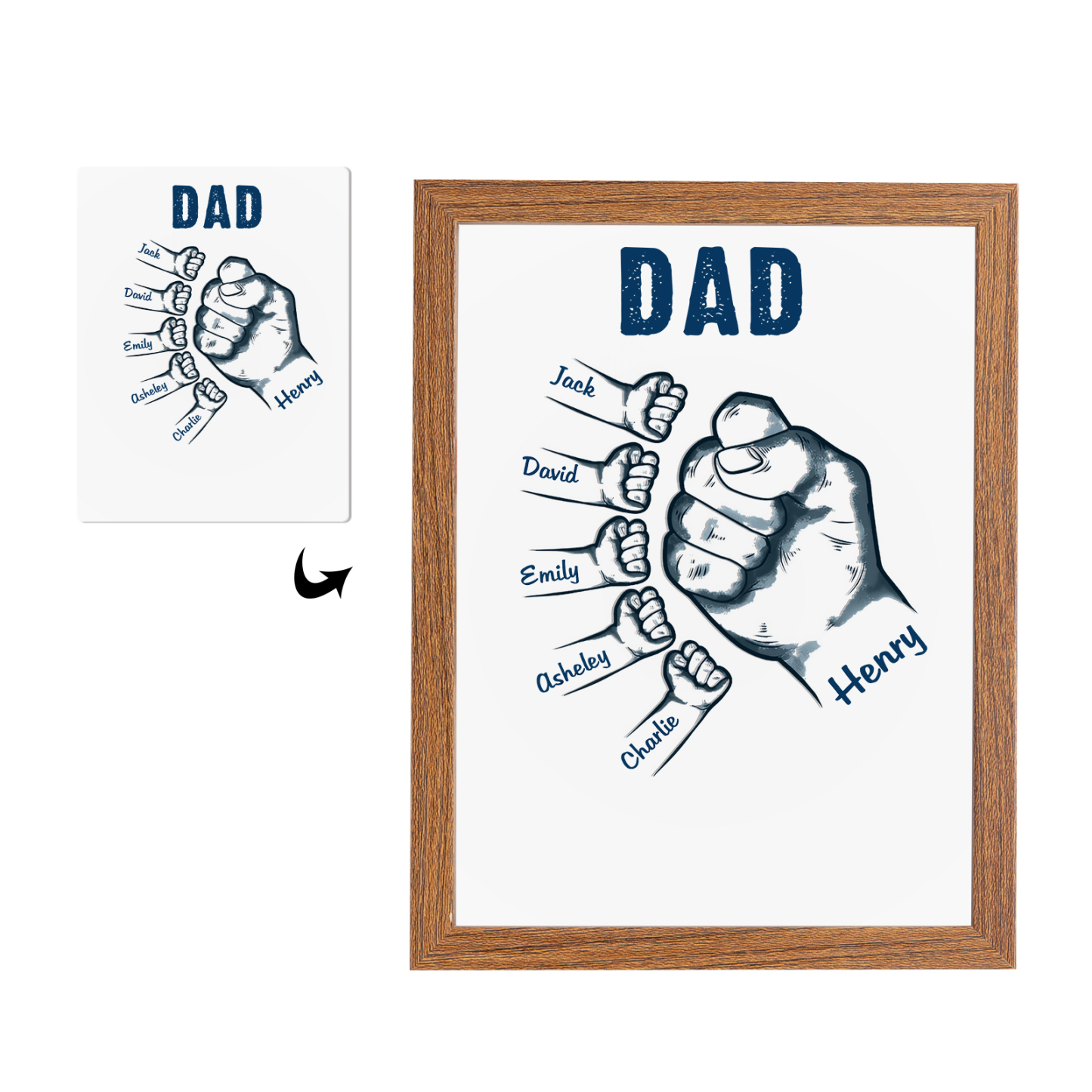 6 Names-Personalized Dad LED Light Fist Wooden Photo Frame -Custom Text & Names, Adjustable 3 Colors