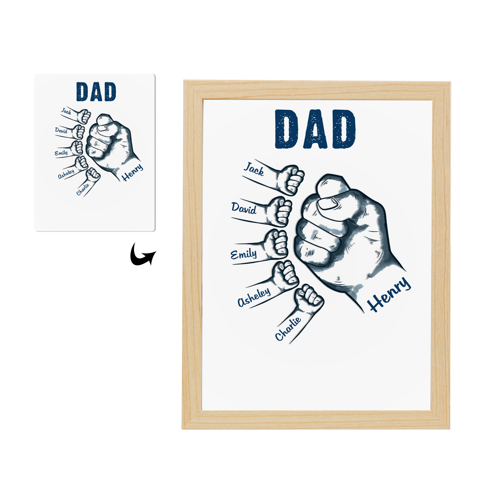 6 Names-Personalized Dad LED Light Fist Wooden Photo Frame -Custom Text & Names, Adjustable 3 Colors
