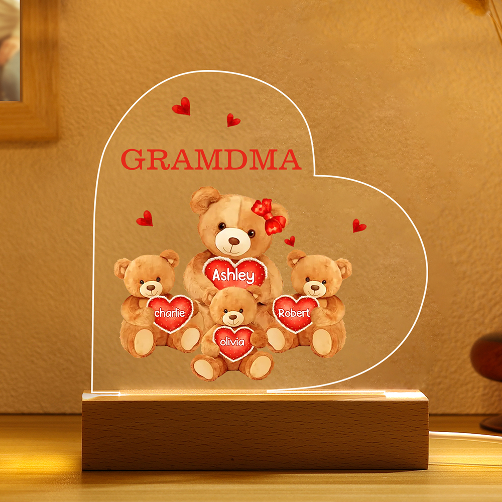 Personalised Heart Acrylic Lamp with Custom 4 Names Teddy Bear Design Night Light Gift for Nan | Jessemade